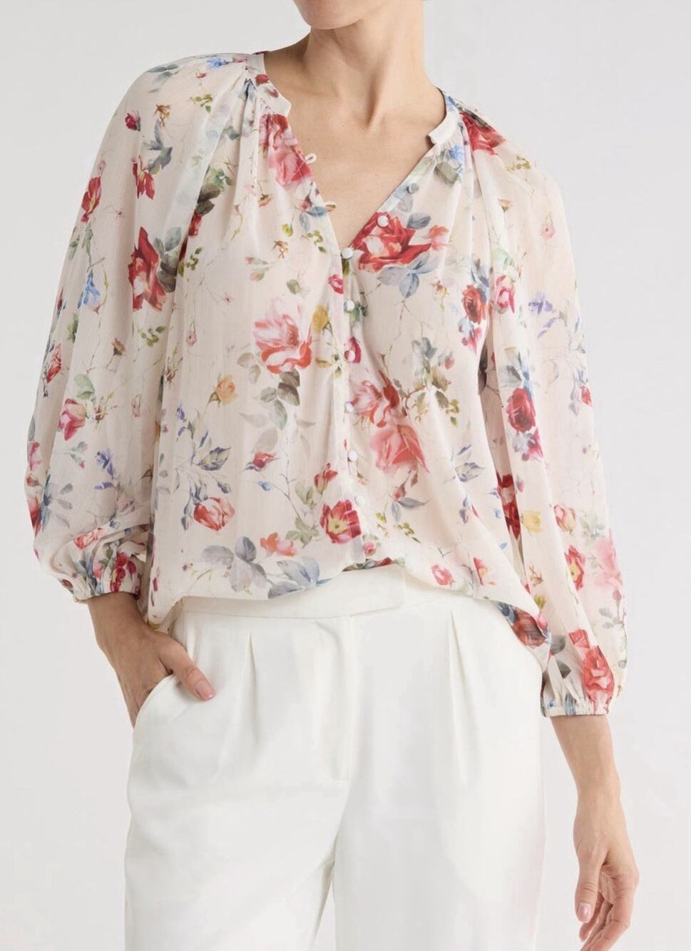 L’ Agence Blouse Teagan in Ivory Dusty Floral Button Front Boho Women’s Small